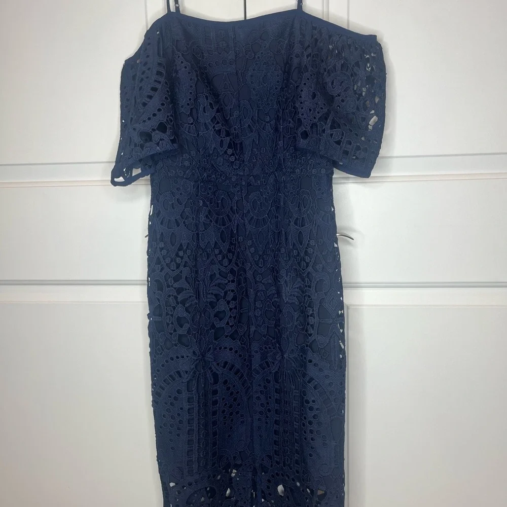 chelsea28 off the shoulder lace dress Women's Chelsea 28 Navy Lace Off Shoulder Tie Dress Small